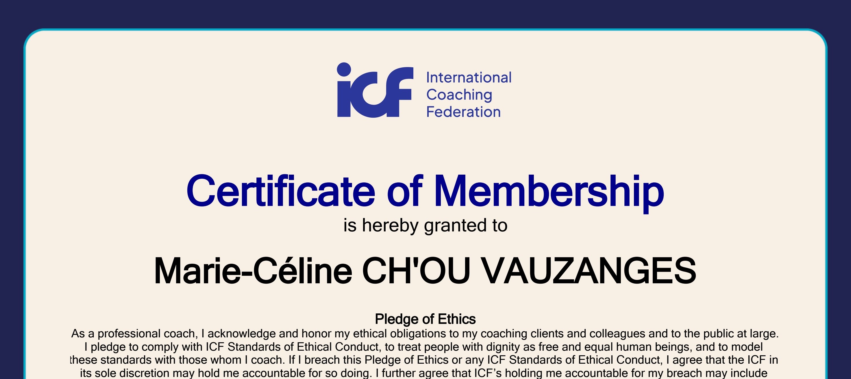 ICF Certificate of Membership granted to Marie-Céline Ch'ou Vauzanges