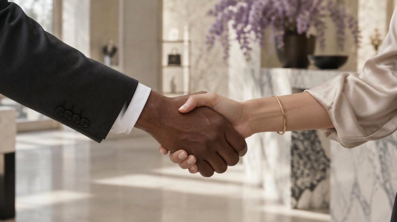 Two partners sealing a handshake, forearms only, one in a dark tailored jacket, the other in a soft cream silk blouse, in a bright boutique