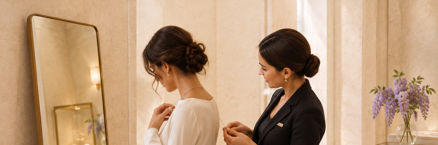 A client in an ivory blouse trying on a necklace at a standing mirror, seen three-quarter from behind, with a boutique advisor beside her in a bright limestone boutique with a single gold display case and wisteria