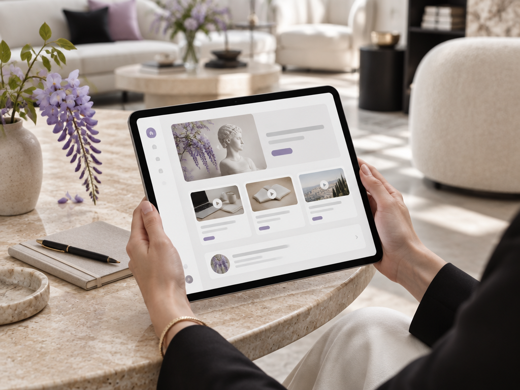 Hands holding a tablet showing an elegant digital learning interface, a sprig of wisteria beside it