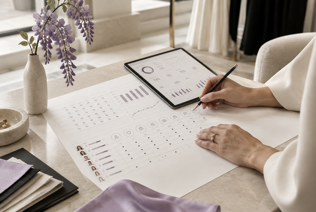 Retail performance and team development figures on a working document and tablet