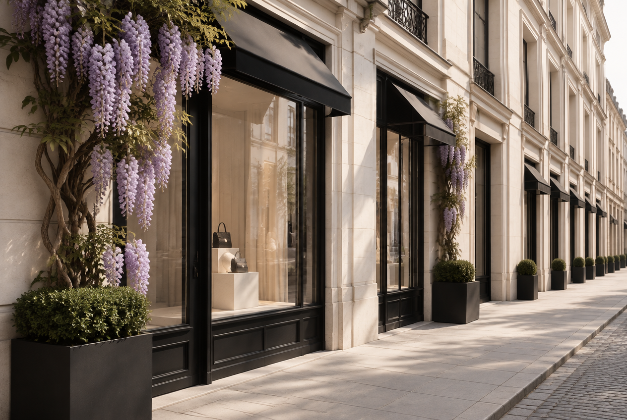 A row of luxury boutiques with wisteria on the nearest storefronts and restrained greenery in the distance