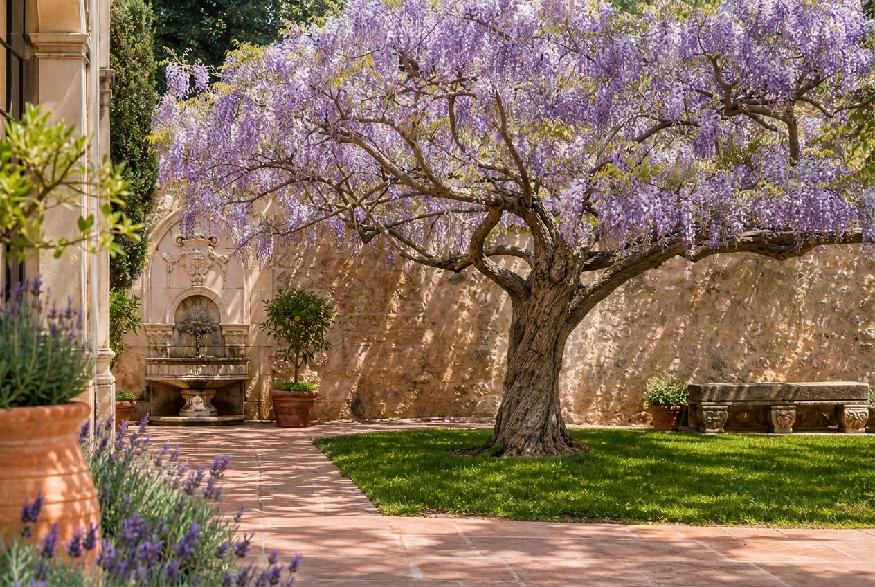 Wisteria in bloom against a limestone wall — a visual metaphor for growth through care